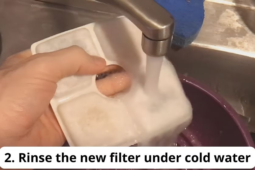 Rinse the new Veken Pet Fountain Filter under cold water